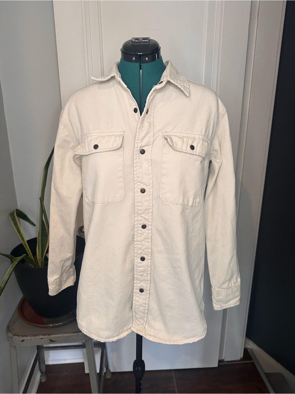 Neutral Cream snap Button-Front Denim Shacket
